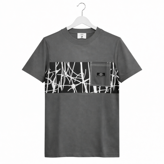Men's Urban Graphic Panels Crewneck T-Shirt with Utility Chest Pocket – Charcoal Grey