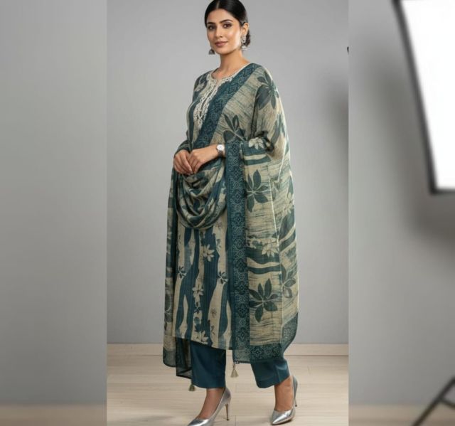  Teal  Printed Dupatta Set