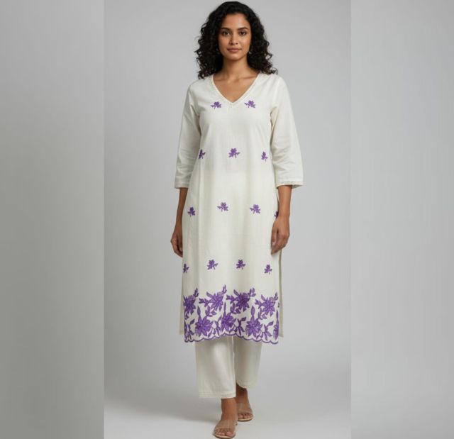 Floral Embroidered Chanderi Kurta Set,