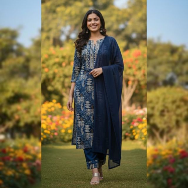 Teal Blue Printed Suit