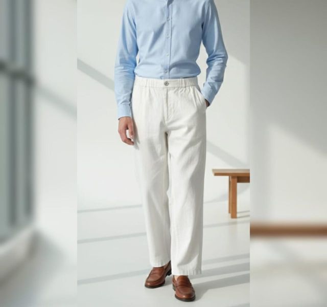 off-white or cream-colored relaxed-fit trousers.