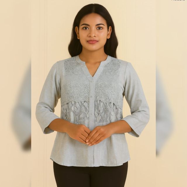 Azure Lace-Embellished Cotton Tunic